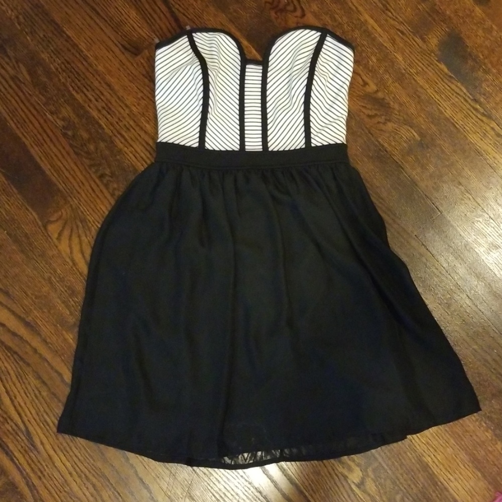 Strapless black and white striped dress